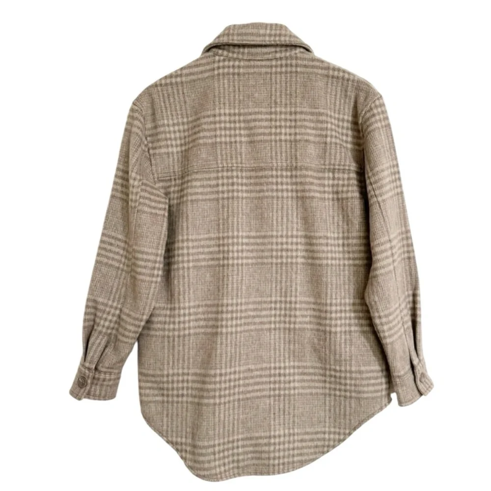 JOIE Plaid Thick Flannel Button-Up Fleece Oversized Shacket in Tan/Cream Size M